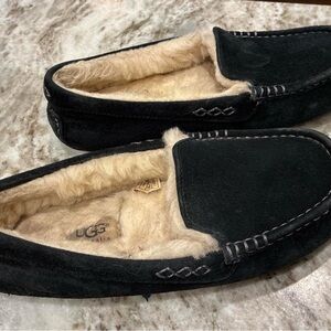 UGG Black Suede Shearling Lined Moccasin Slippers